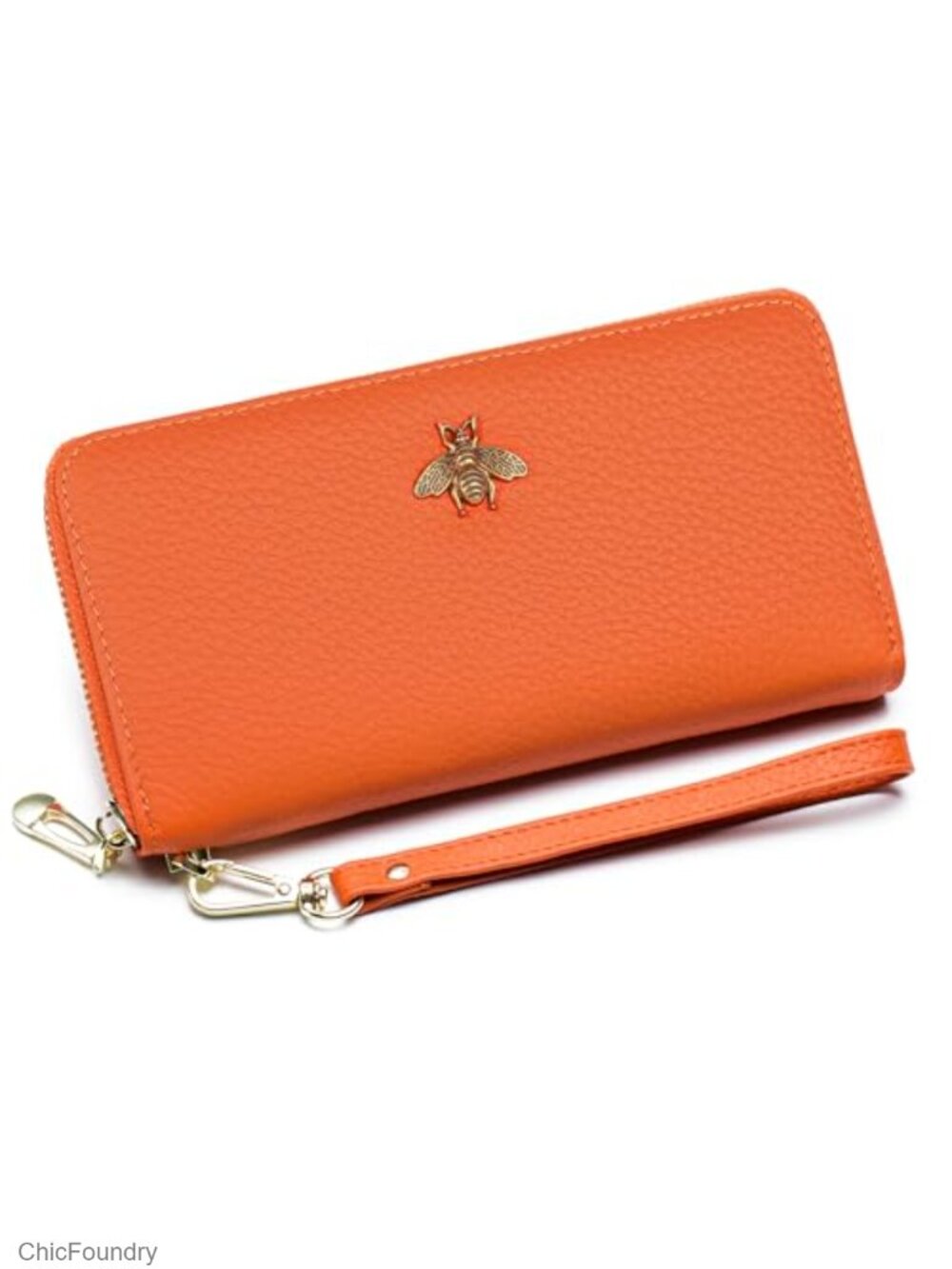 Genuine Leather Wristlet Wallet Clutch with Bee Charm and Detachable Strap